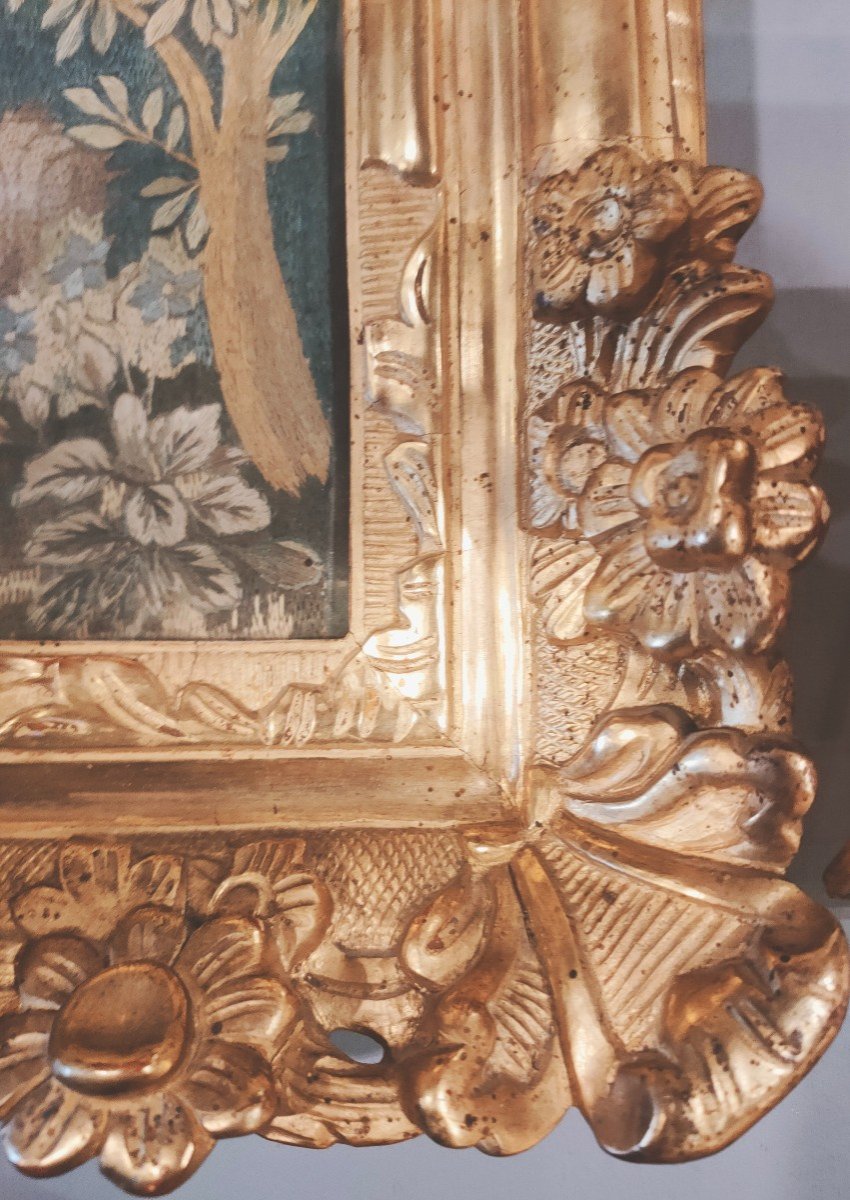 Silk Embroidery In Its Golden Frame From The 18th Century-photo-2