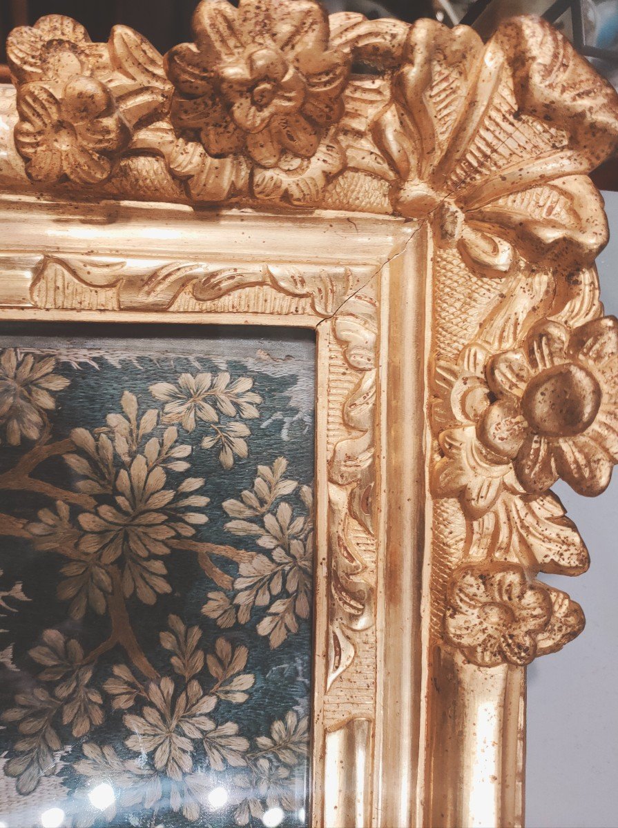 Silk Embroidery In Its Golden Frame From The 18th Century-photo-3