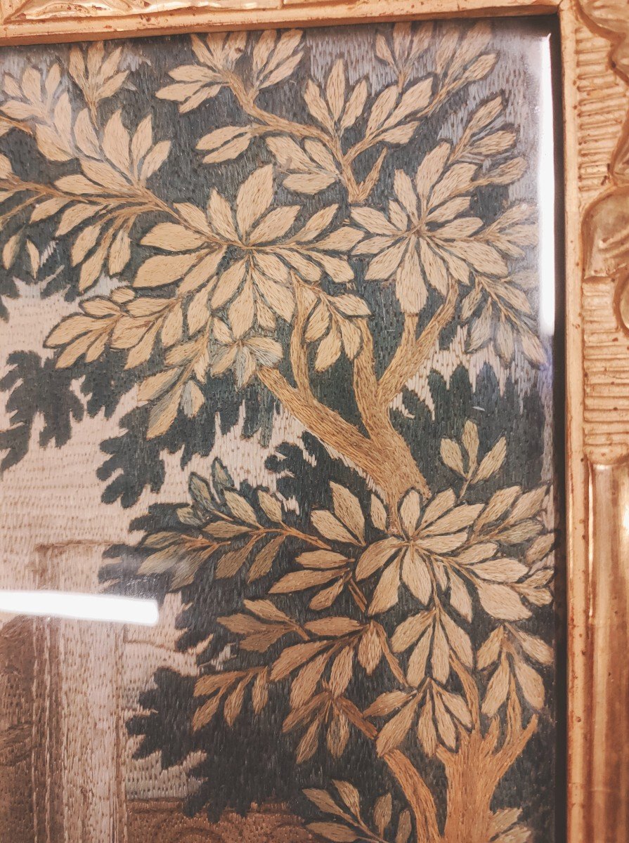 Silk Embroidery In Its Golden Frame From The 18th Century-photo-5