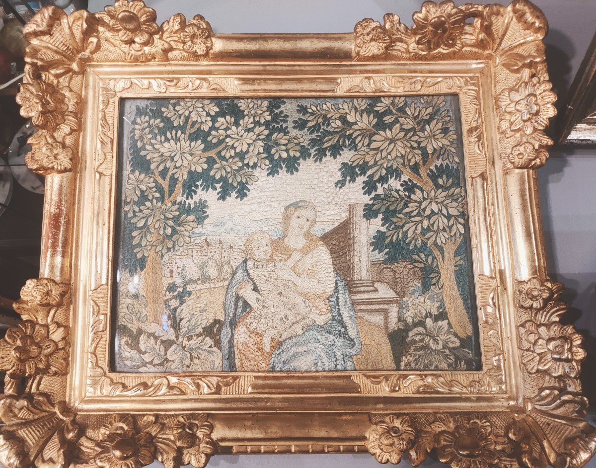 Silk Embroidery In Its Golden Frame From The 18th Century-photo-6