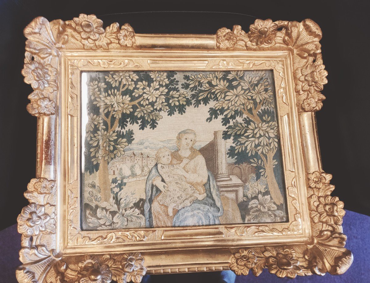 Silk Embroidery In Its Golden Frame From The 18th Century