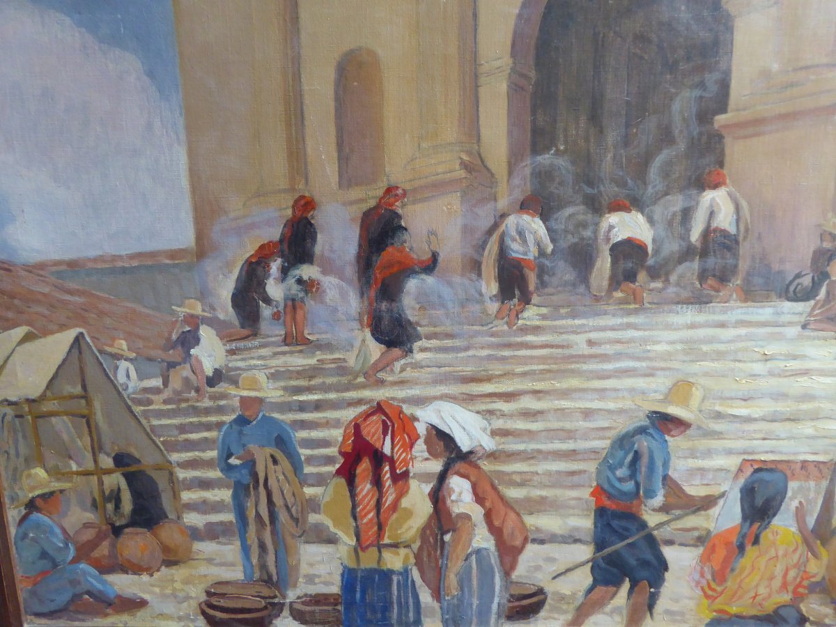 Grande toile,années 30 ,Chichicastenango,offrandes sur Les marches de l'église Saint Thomas.-photo-2