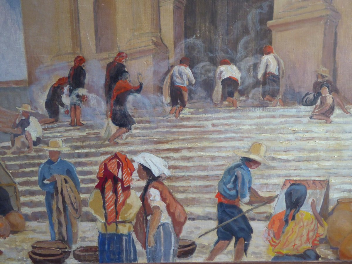 Grande toile,années 30 ,Chichicastenango,offrandes sur Les marches de l'église Saint Thomas.-photo-3