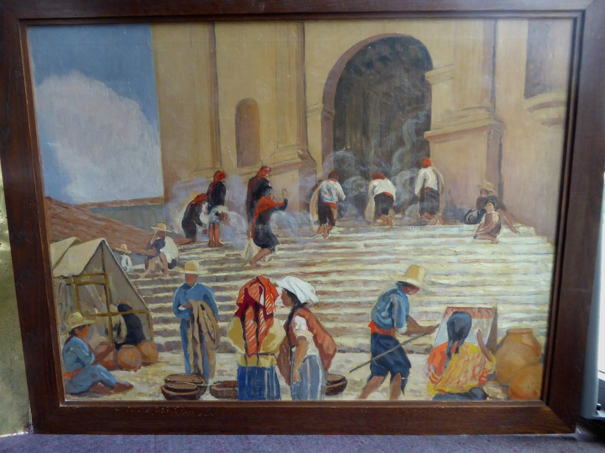 Grande toile,années 30 ,Chichicastenango,offrandes sur Les marches de l'église Saint Thomas.