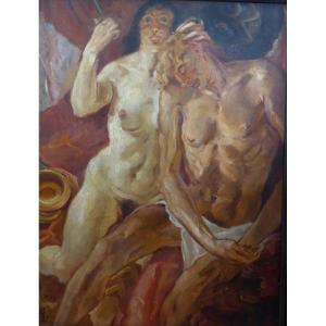 Large Expressionist Painting “samson And Dalila” Monogrammed And Dated 1921.