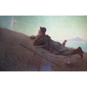 Large Symbolist Painting “the Shepherd's Star” Signed Edouard Jérôme Paupion (1854-1912)