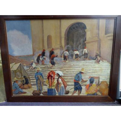 Grande toile,années 30 ,Chichicastenango,offrandes sur Les marches de l'église Saint Thomas.