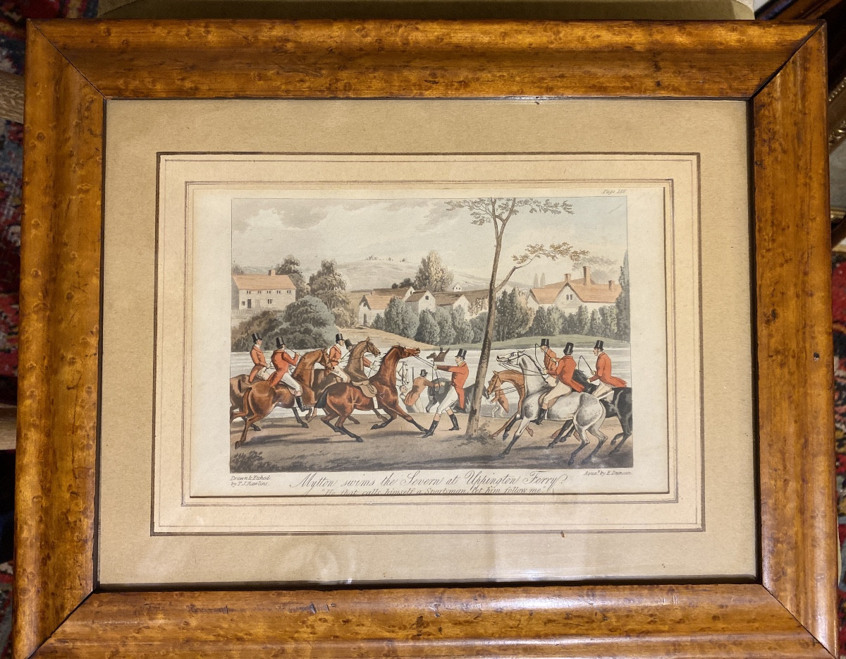 1 gravure anglaise, chasse à courre 1837, cadre d'origine, anglais en erable moucheté