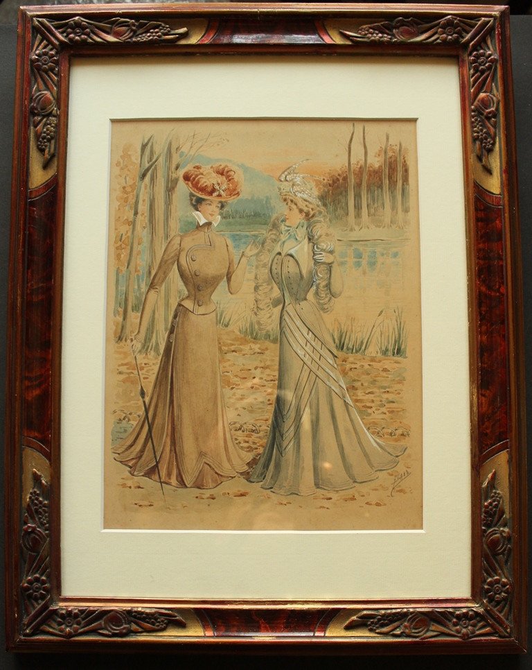 Baïa "elegant" Original Fashion Watercolor 1898 + Engraving For The Corresponding Coquet-photo-2
