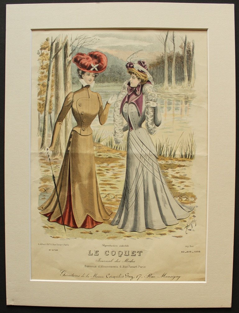 Baïa "elegant" Original Fashion Watercolor 1898 + Engraving For The Corresponding Coquet-photo-2