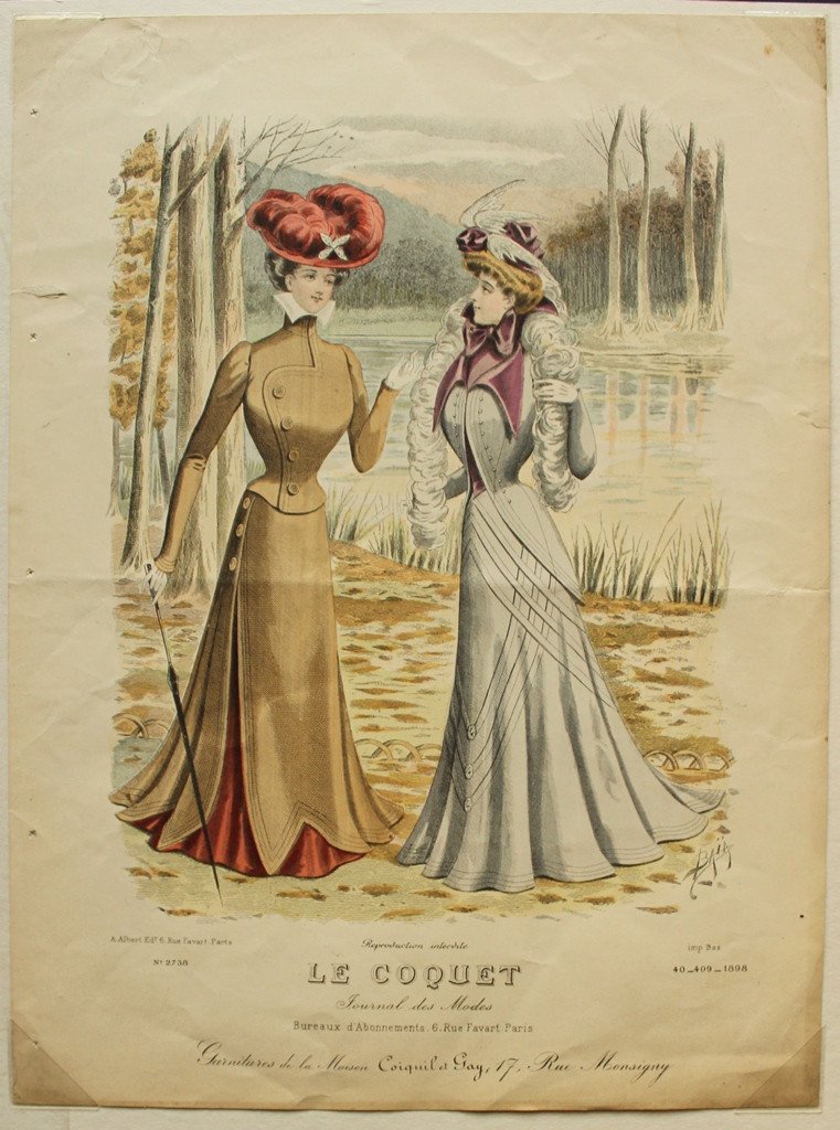 Baïa "elegant" Original Fashion Watercolor 1898 + Engraving For The Corresponding Coquet-photo-3