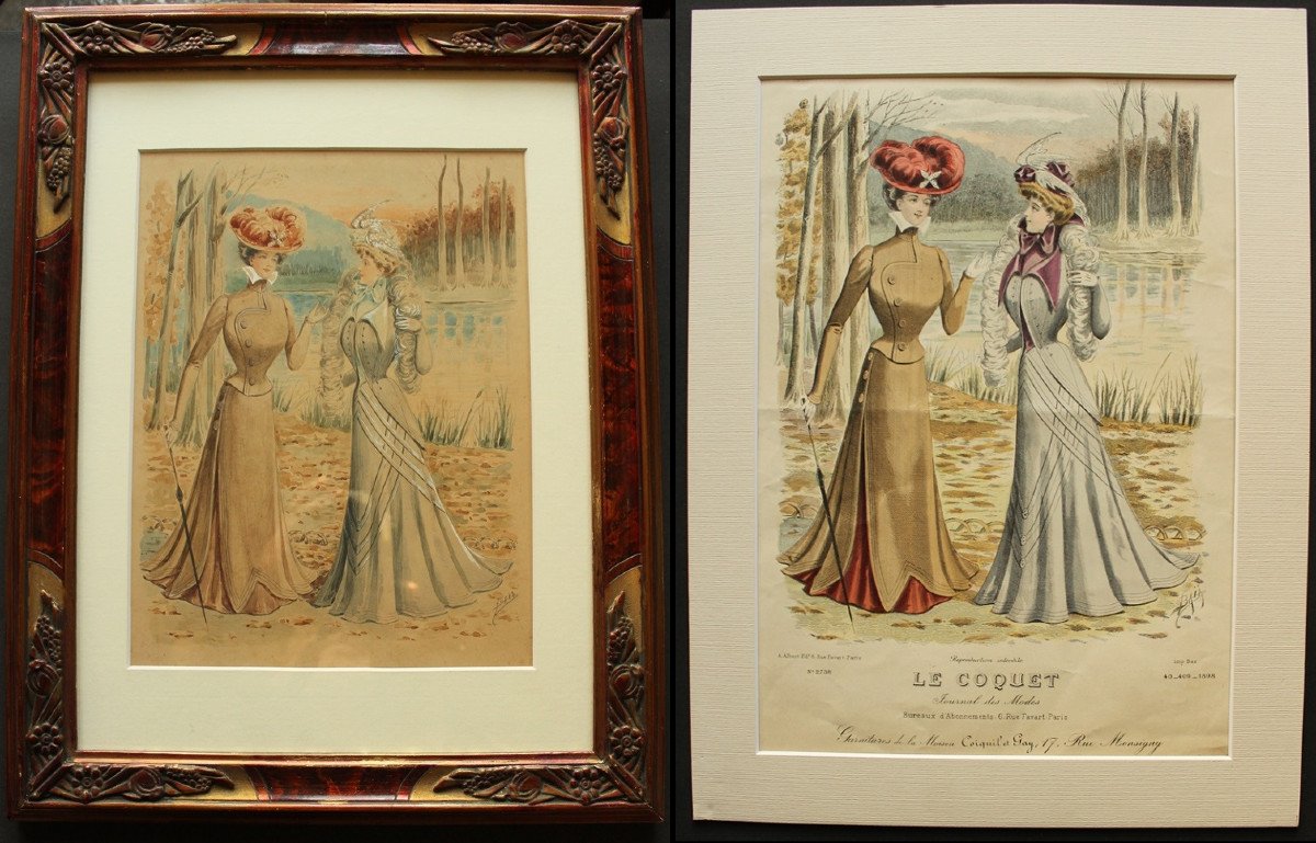 Baïa "elegant" Original Fashion Watercolor 1898 + Engraving For The Corresponding Coquet