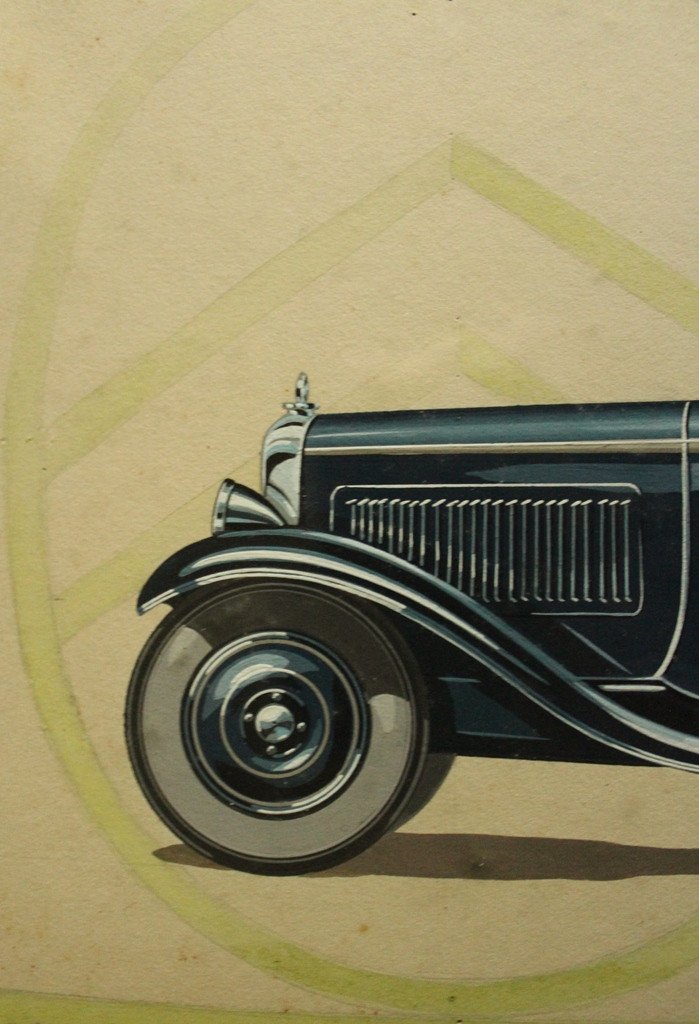 "citroen C4f Cabriolet Convertible 2 Places" Superb Original Art Deco Gouache-photo-1