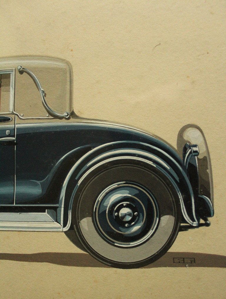 "citroen C4f Cabriolet Convertible 2 Places" Superb Original Art Deco Gouache-photo-2