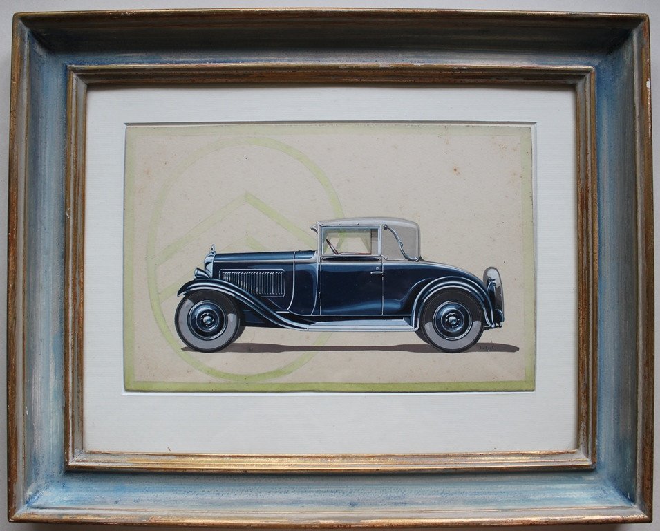 "citroen C4f Cabriolet Convertible 2 Places" Superb Original Art Deco Gouache