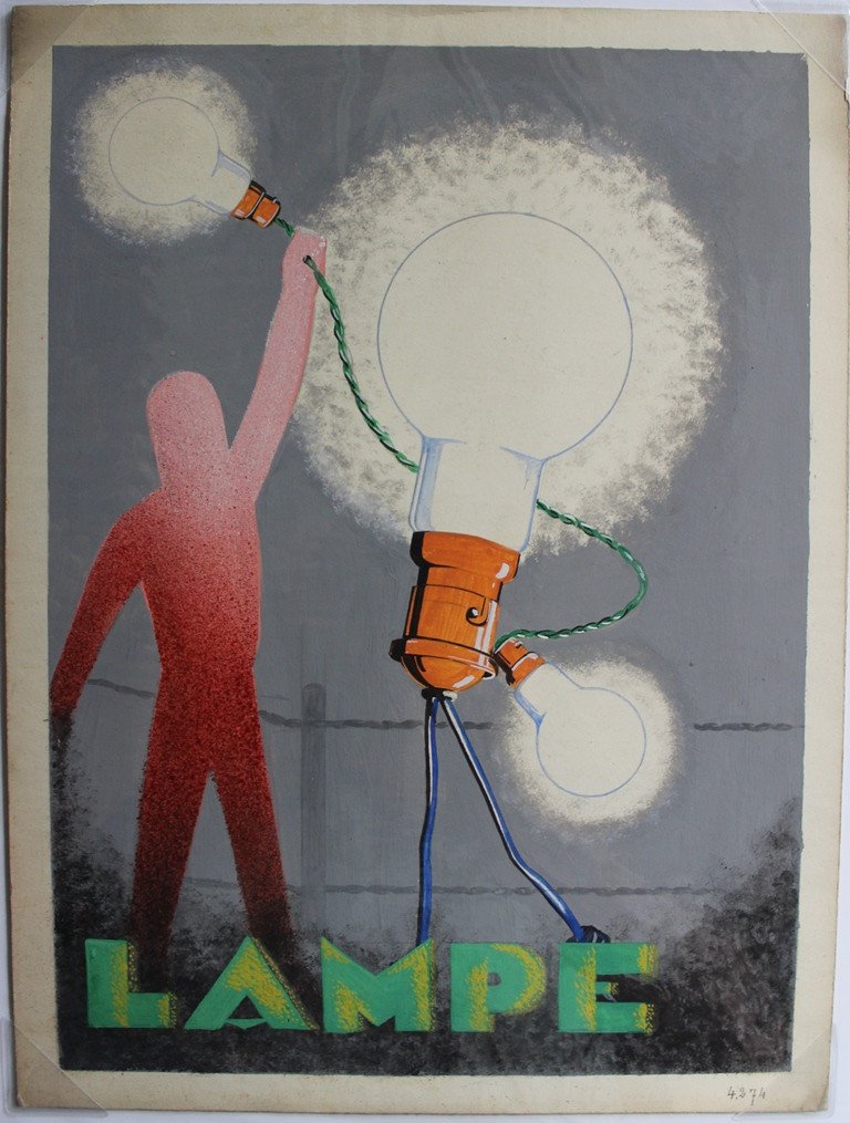 Superb Original Gouache Advertising Project For Lamps, Ateliers R. Pichon, 1930s