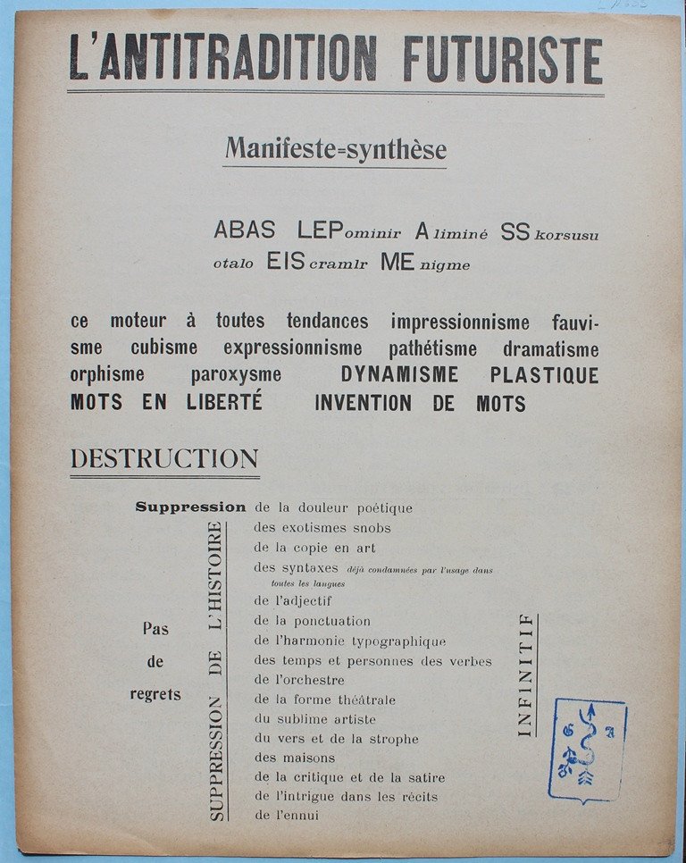 Guillaume APOLLINAIRE "L'Antitradition Futuriste" RARE MANIFESTE Ex. personnel de l'AUTEUR