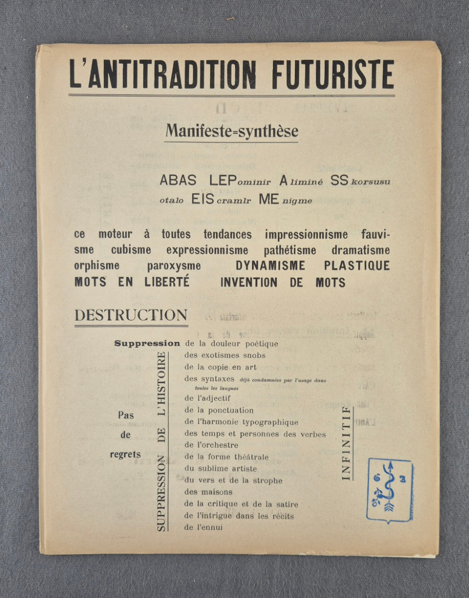 Guillaume APOLLINAIRE "L'Antitradition Futuriste" RARE MANIFESTE Ex. personnel de l'AUTEUR