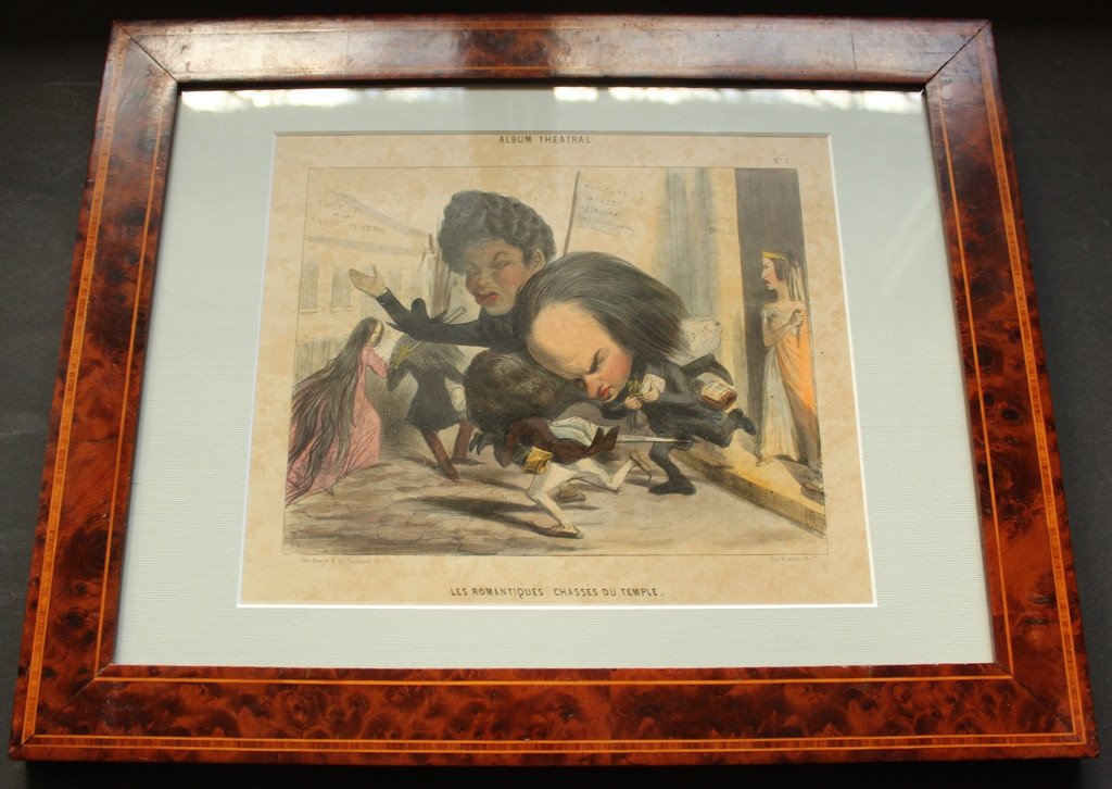 "Les Romantiques chassés du temple" Caricature aquarellée et gommée HUGO DUMAS encadrée 1838-photo-2
