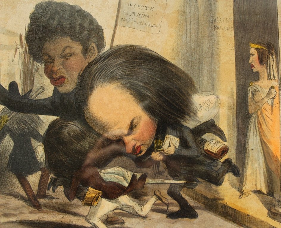 "Les Romantiques chassés du temple" Caricature aquarellée et gommée HUGO DUMAS encadrée 1838-photo-3