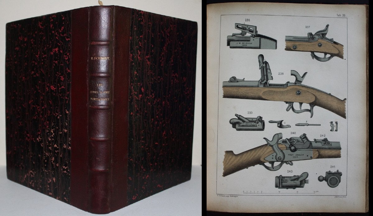 Rodolphe SCHMIDT "Les Armes à Feu portatives" Edition originale 1877 Texte + Atlas 58 pl. coul.