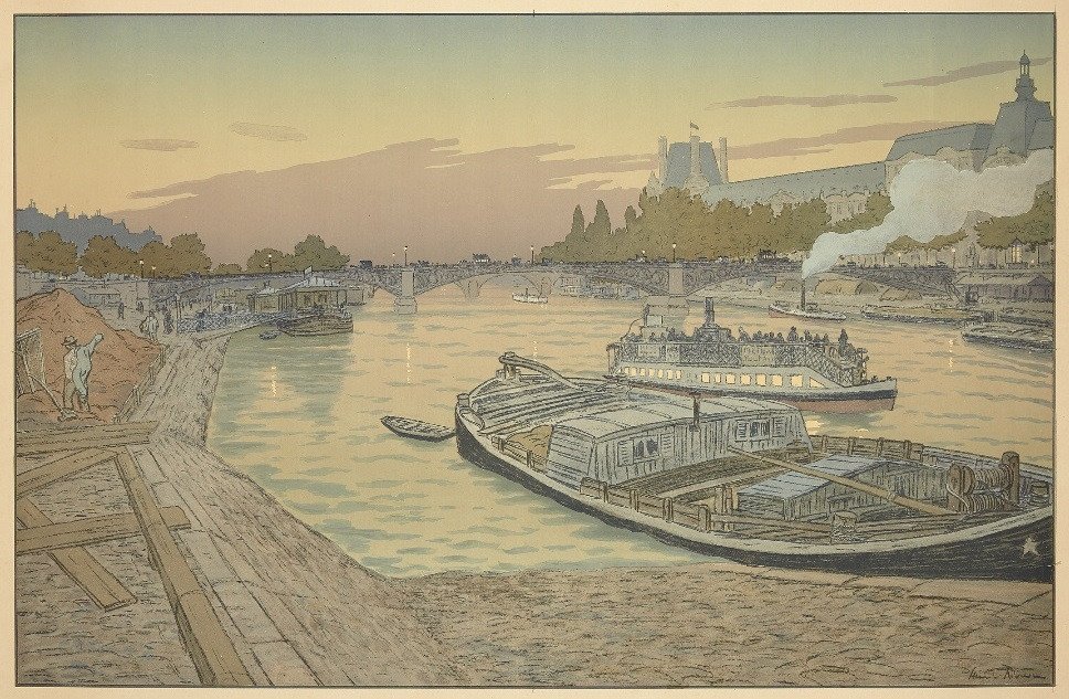 Henri RIVIERE "Le Pont des Saints-Pères et le Louvre" Lithographie originale entoilée 1900