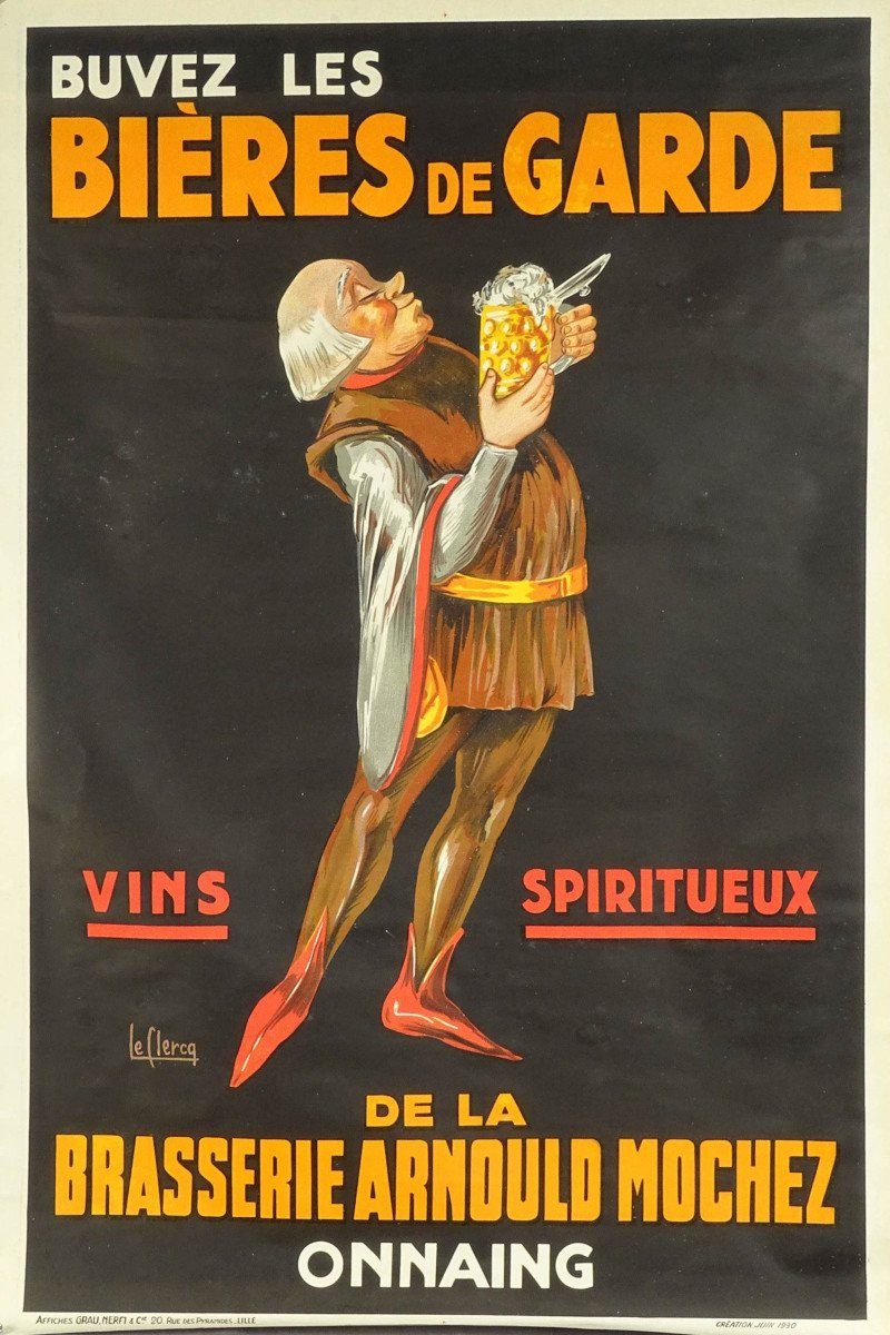 Le Clercq - Bières de garde vins spiritueux Brasserie Mochez - Onnaing Affiche originale TBE