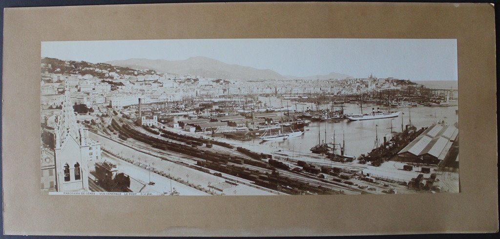 PHOTOGRAPHIE Très grand PANORAMA DE GENES Port ITALIE XIXe s. 55 x 20 cm tirage albuminé C.J.