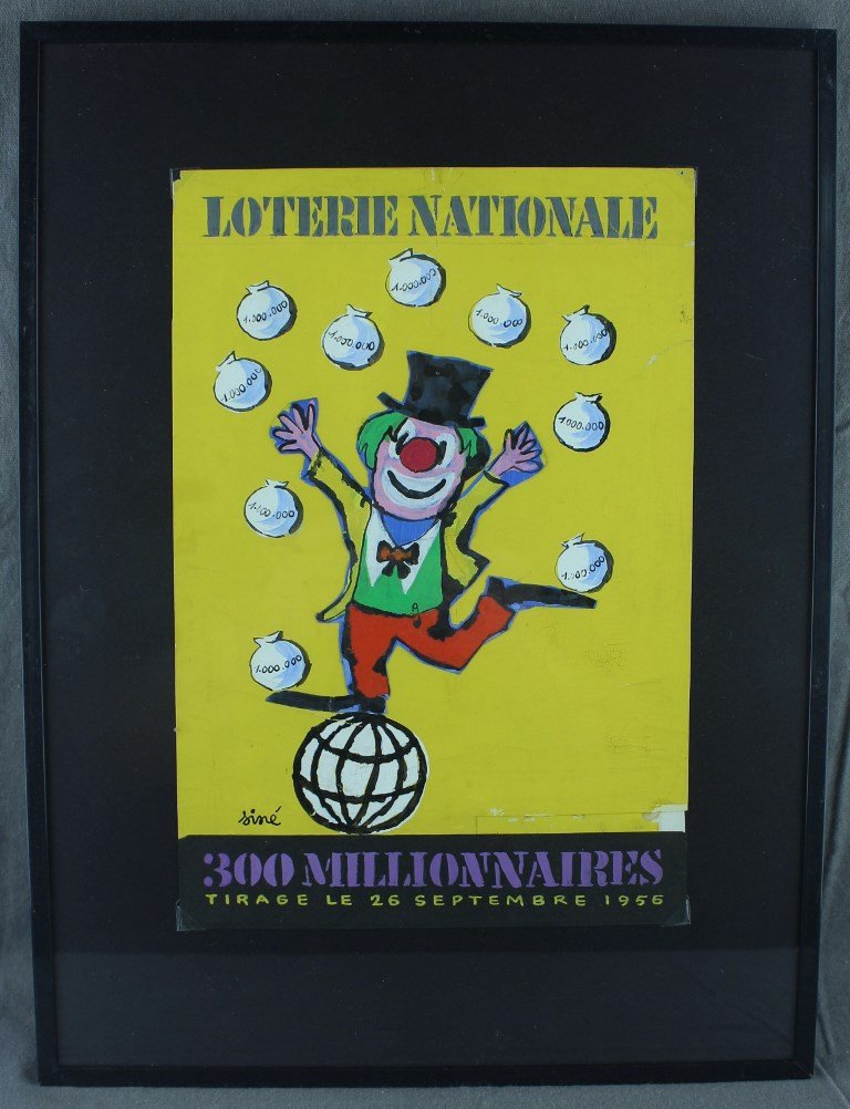 SINE "Loterie Nationale" Gouache originale, projet d'affiche inédit signé et daté de 1956-photo-2