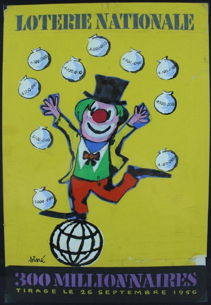 SINE "Loterie Nationale" Gouache originale, projet d'affiche inédit signé et daté de 1956