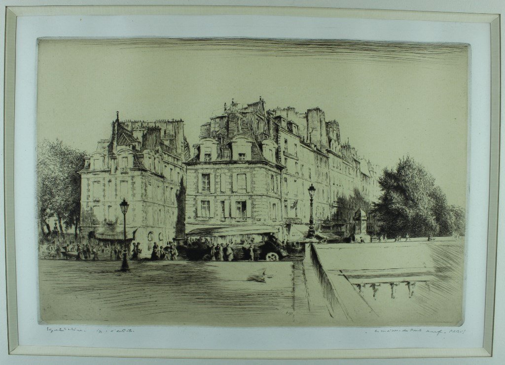Edgar Chahine "les Maisons Du Pont Neuf" - 1931 Original Etching And Drypoint In Ea-photo-3