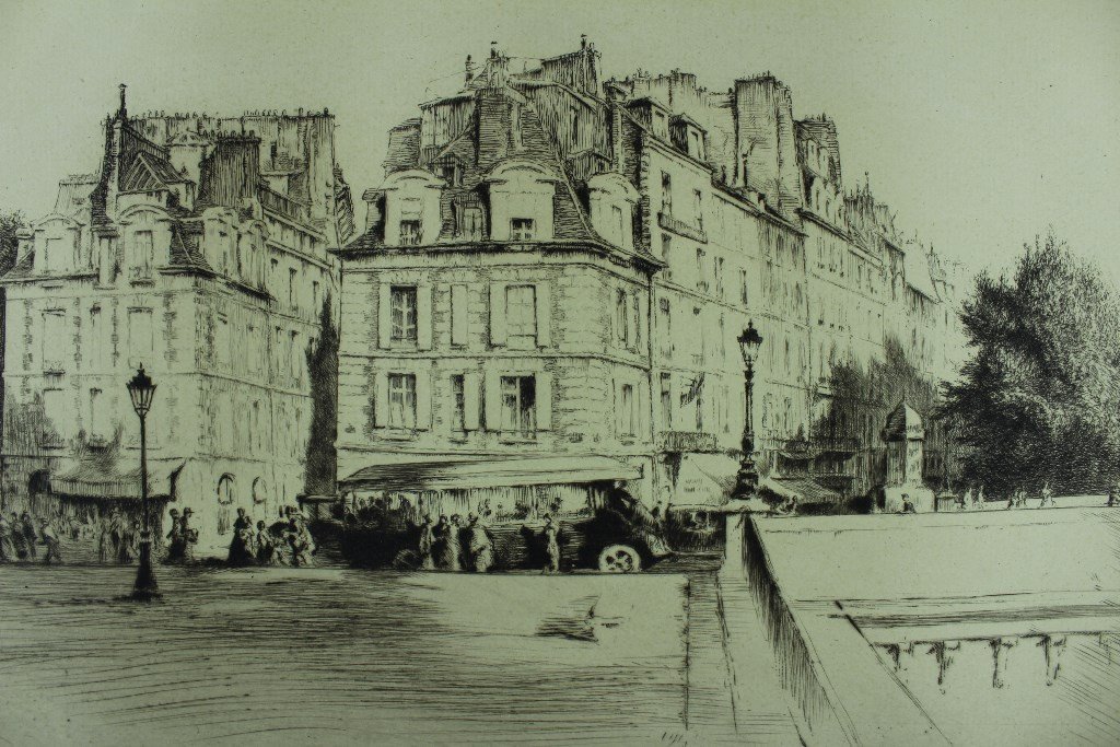 Edgar Chahine "les Maisons Du Pont Neuf" - 1931 Original Etching And Drypoint In Ea-photo-2