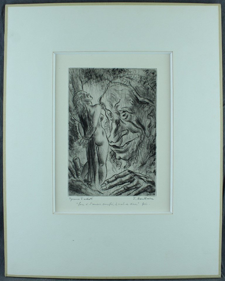 Jacques Boullaire "faced With Crucified Love, Evil Stands" Gide - 1932 Original Chisel Ea-photo-2