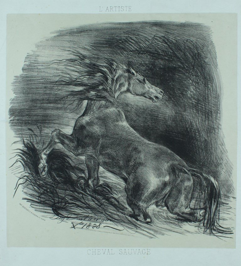 Eugène DELACROIX "Cheval sauvage" Lithographie originale 2e état publié dans "L'Artiste" 1865