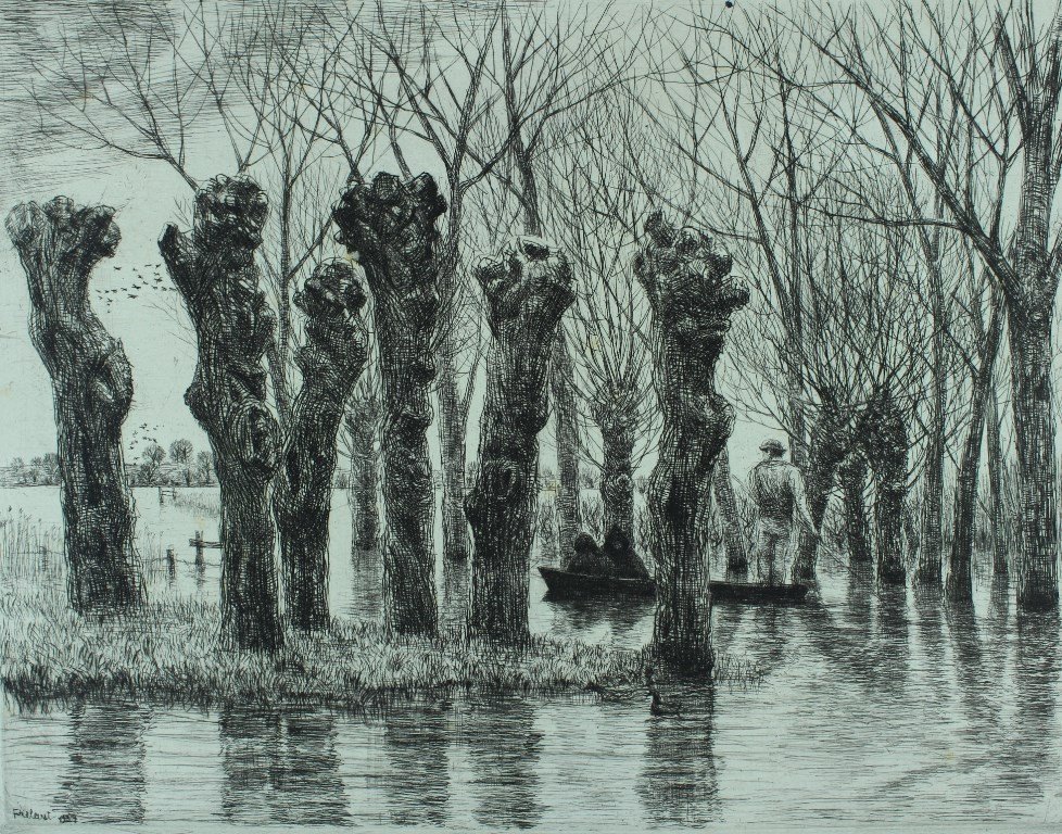 Jean FRÉLAUT "Inondations en Vendée" - 1937 - Estampe originale en épreuve d'état signée-photo-1