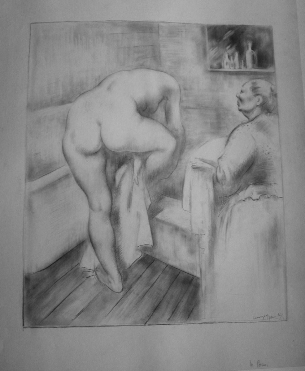 Paul LEMAGNY "Le Bain" 1936 Très grand dessin original au crayon signé sur papier Bristol-photo-2