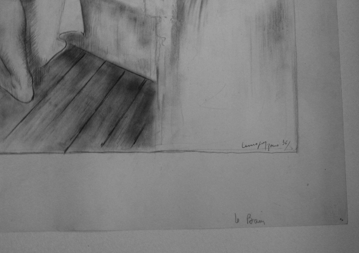 Paul LEMAGNY "Le Bain" 1936 Très grand dessin original au crayon signé sur papier Bristol-photo-3
