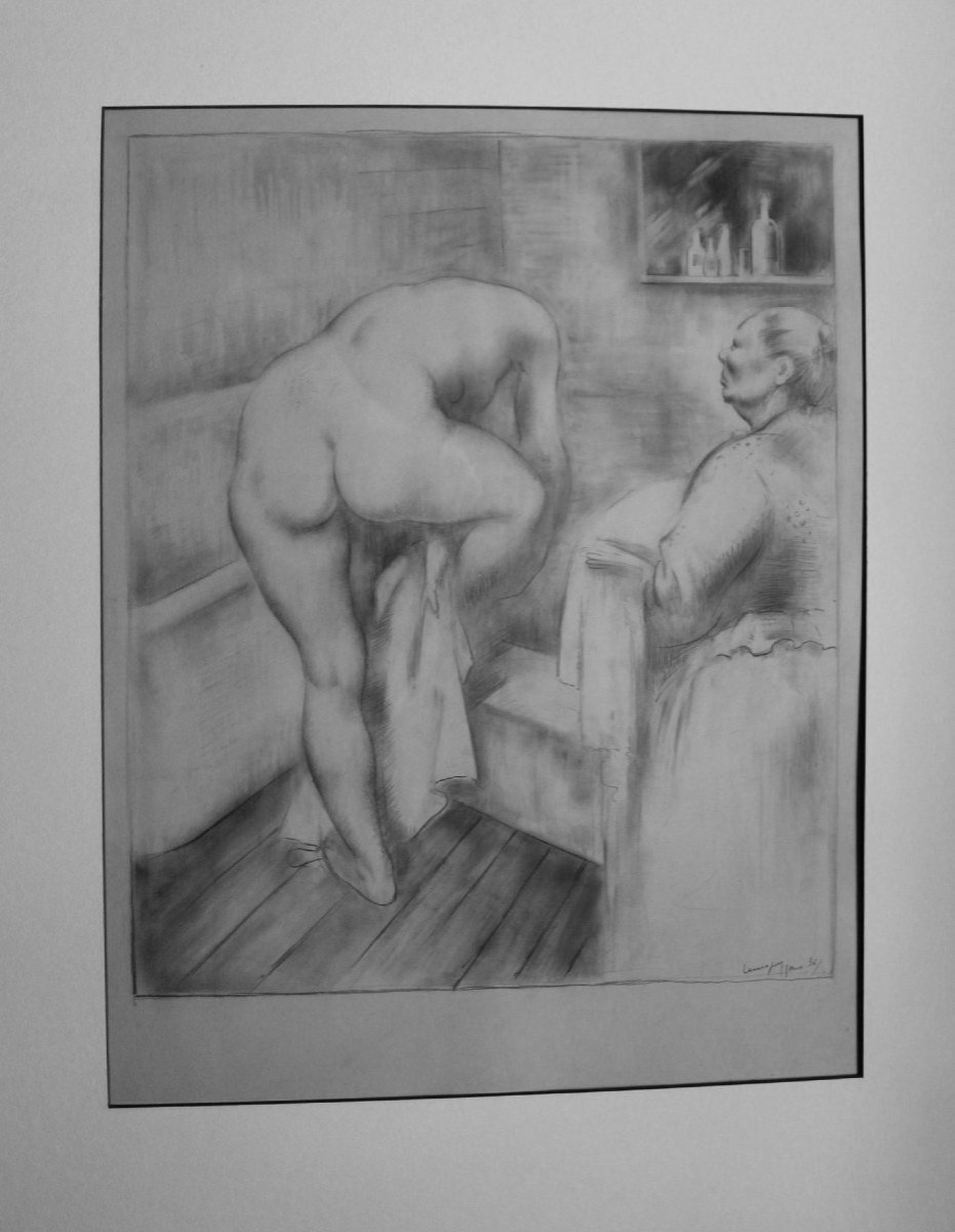 Paul LEMAGNY "Le Bain" 1936 Très grand dessin original au crayon signé sur papier Bristol