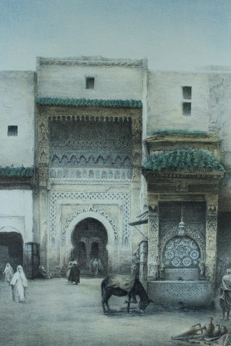 Alfred BROQUELET "La Fontaine Nadjarine à Fez Maroc" Lithographie originale couleur signée 1931-photo-4