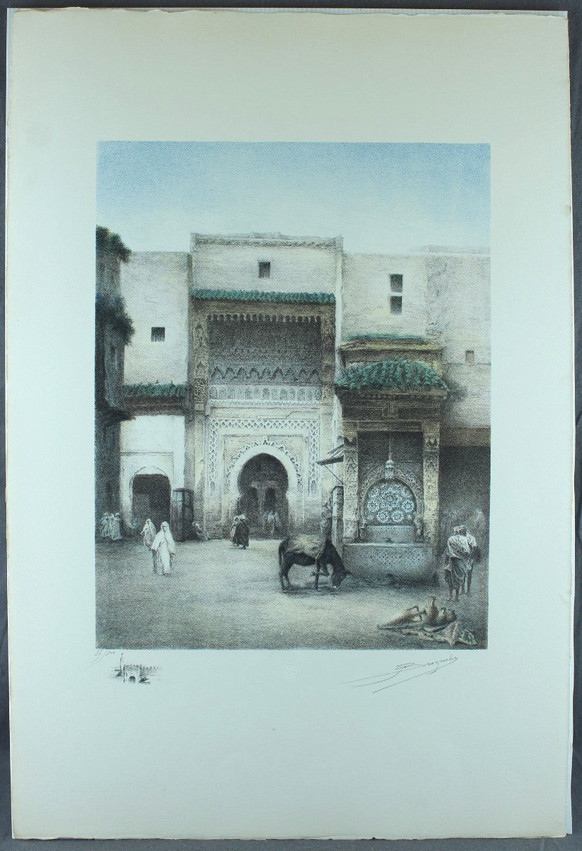 Alfred BROQUELET "La Fontaine Nadjarine à Fez Maroc" Lithographie originale couleur signée 1931