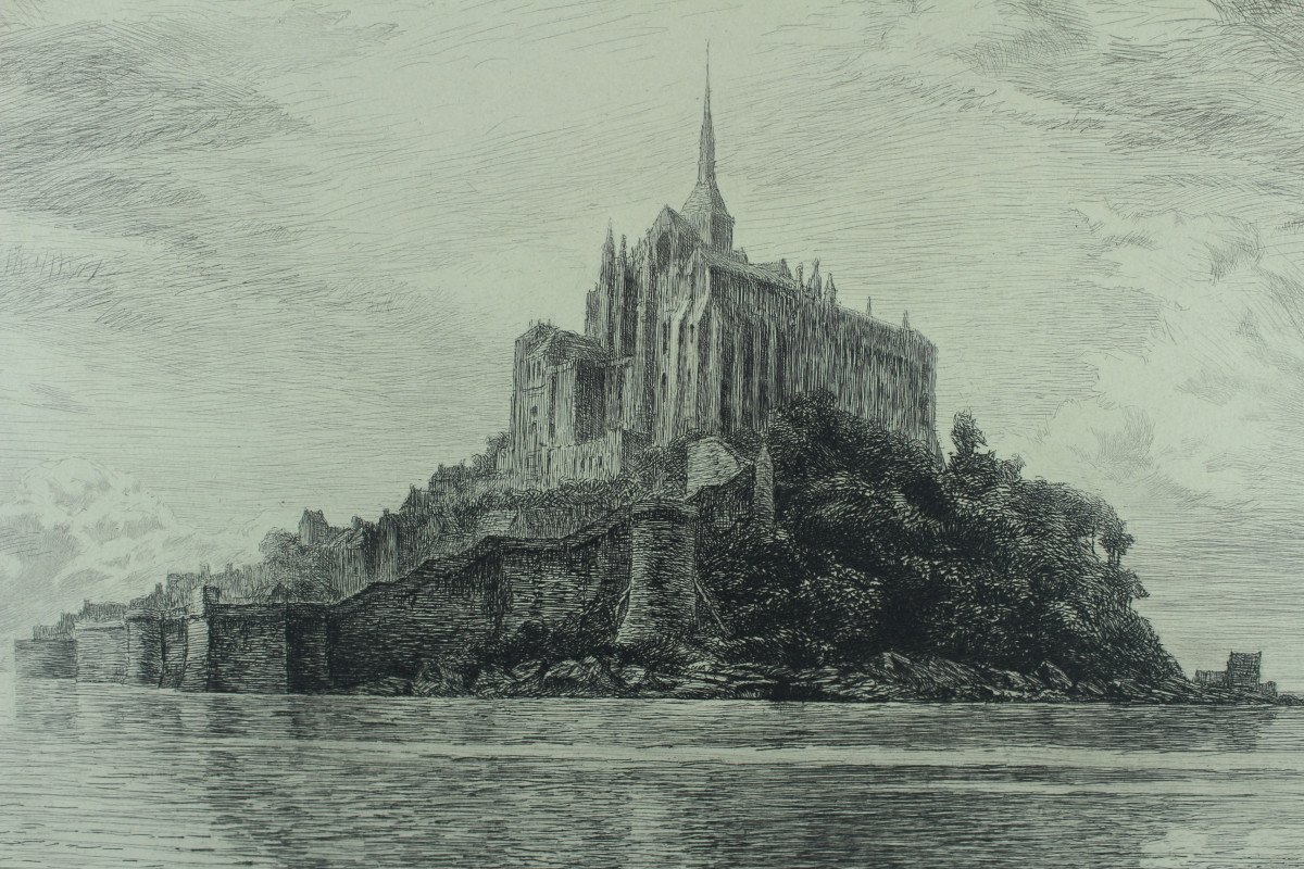 Paul Adrien BOUROUX "Vue du Mont Saint-Michel" Eau-forte originale signée & numérotée 41/300-photo-4