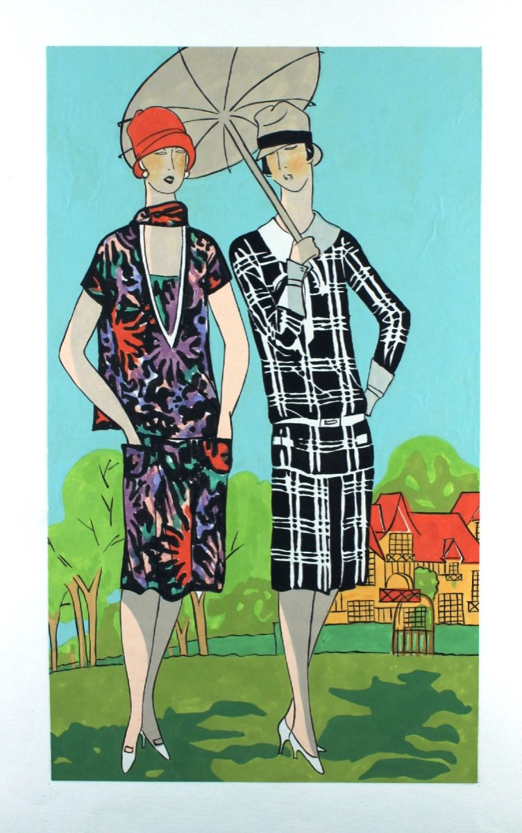 Mode Femmes Grande Gouache originale Art Déco 45 x 32 cm Robes Garçonnes #3