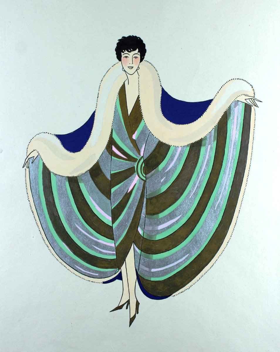 Mode Femme Grande Gouache originale Art Déco 45 X 32 cm Robe Garçonne #16