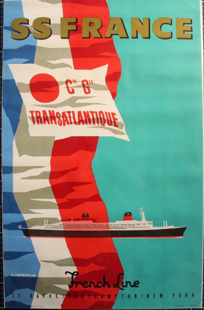 Compagnie Générale Transatlantique S.S. FRANCE Affiche originale ill. Jean Jacquelin 38 x 60 cm