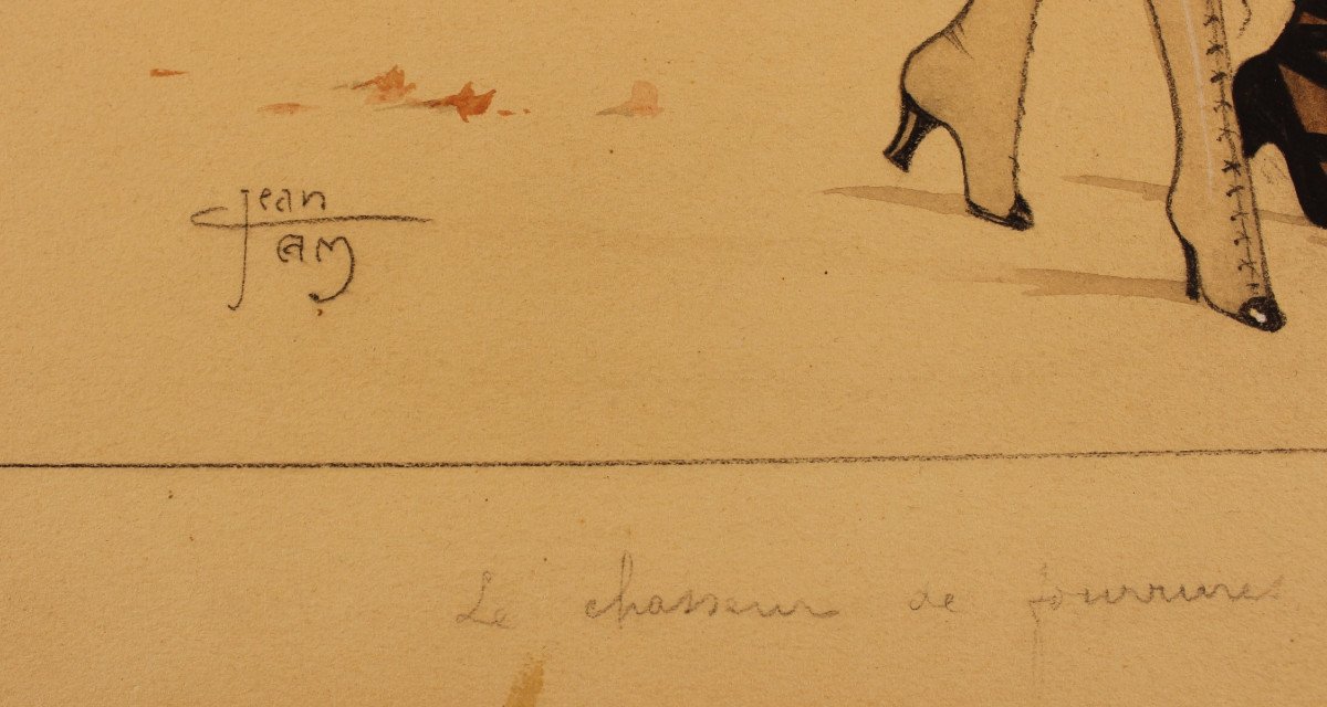 Jean TAM "Le Chasseur de Fourrures" Grand dessin original Art déco signé ca 1918-photo-3
