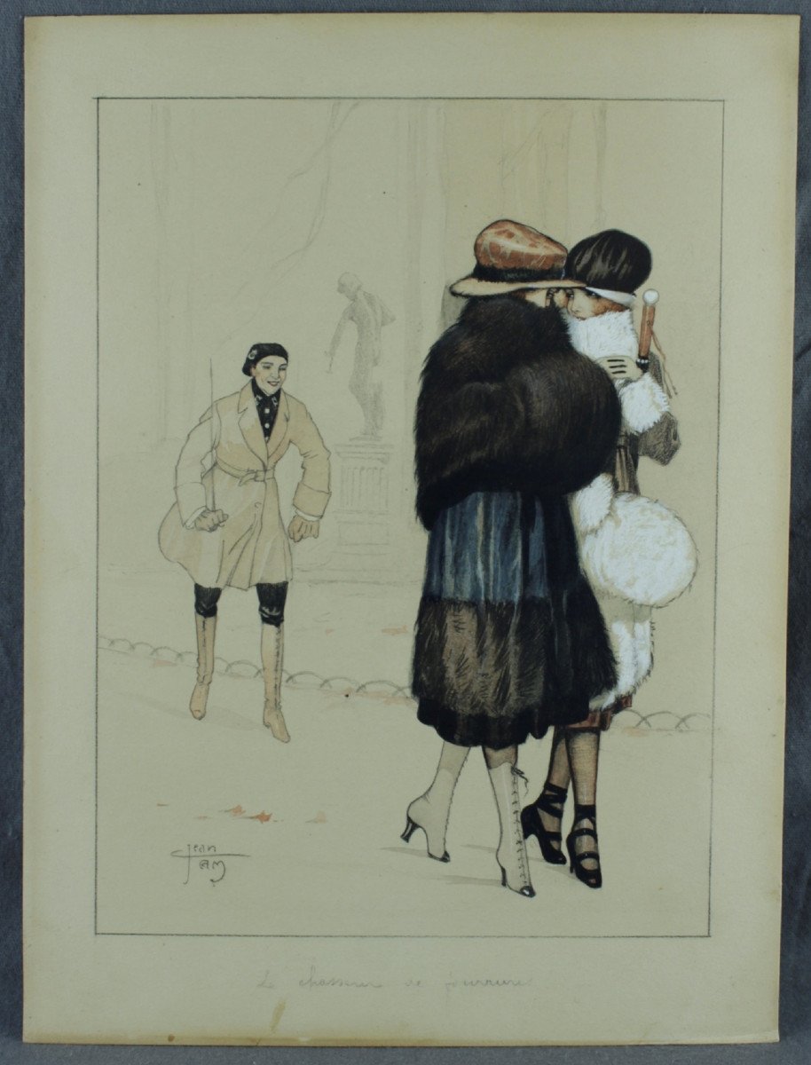 Jean TAM "Le Chasseur de Fourrures" Grand dessin original Art déco signé ca 1918