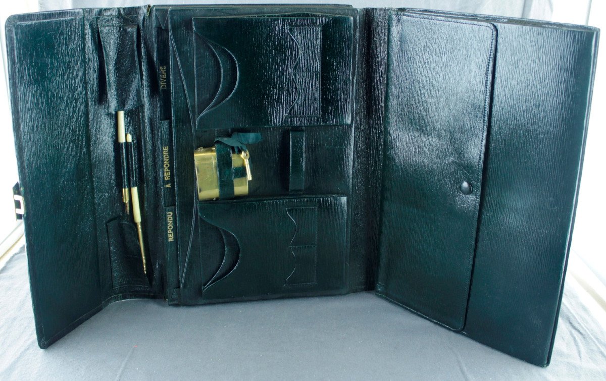 Travel Mail Case In Empire Green Morocco, With Inkwell And Key, Ca 1900 Tbe-photo-2