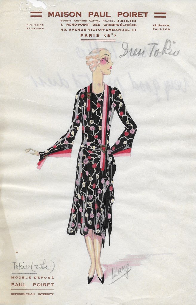 Maison Paul POIRET "Dress Tokio" Croquis de mode original aquarelle et crayon ca 1925-29