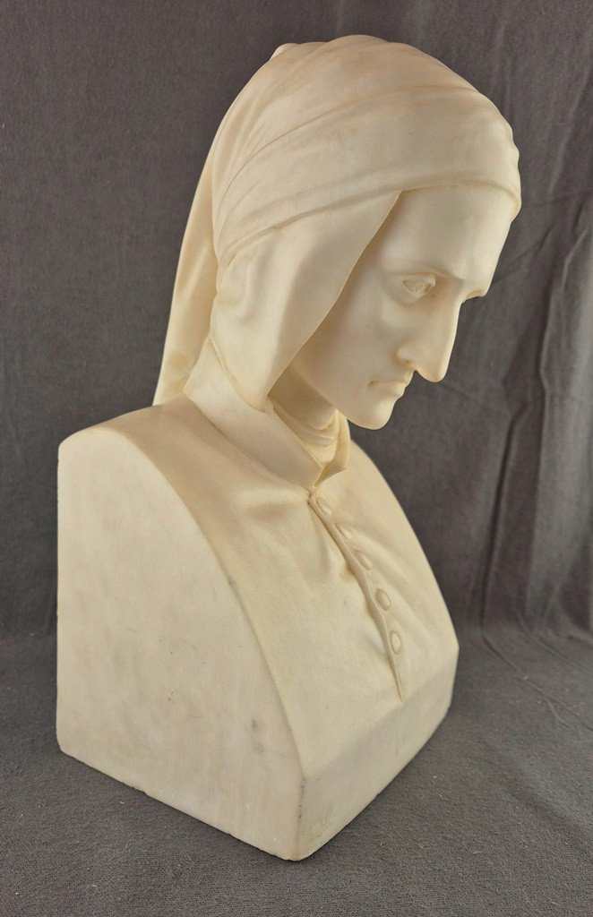 Vincenzo VELA (d'après) Buste de DANTE ALIGHIERI - Marbre ou Albâtre 30 cm de haut, 8,6 kg-photo-3