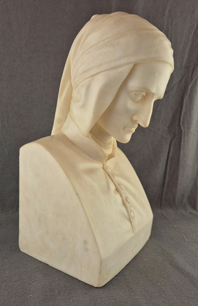 Vincenzo Vela (after) Bust Of Dante Alighieri - Marble Or Alabaster 30 Cm High, 8.6 Kg-photo-3